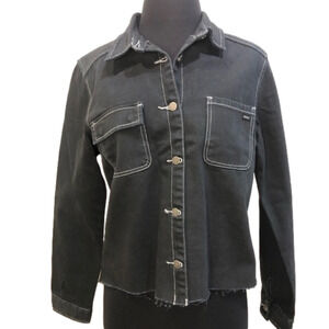 RVCA Daze Denim Jacket Raw Hem Button Up Pockets M (10) Black Skater Streetwear